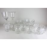 Two cut glass fruit bowls, five sundae dishes, two large goblets and a preserve jar and cover
