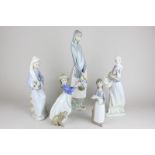 Four Lladro figures of women and girls holding various items, a pig, lilies, a chicken and a