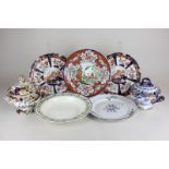 Two porcelain tureens and covers (one a/f), two Mason's ironstone plates, a Chinese pattern plate