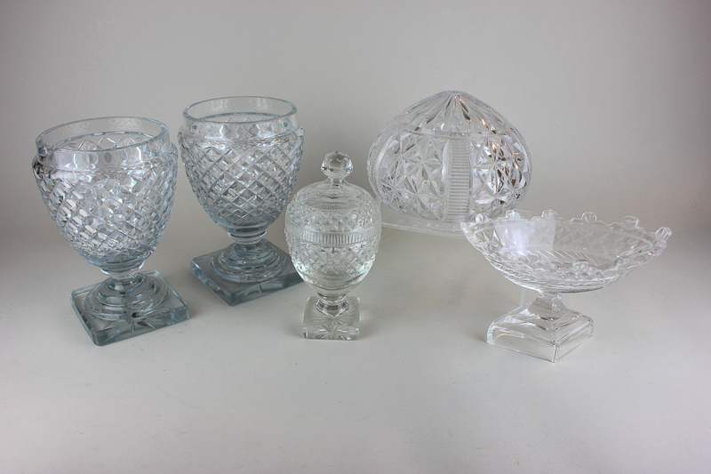 Two lead crystal pedestal pots (missing lids), a smaller jar and cover, a dish and a cut glass