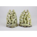 Two Indian jadeite statues of a tower of monkeys on a carved stone stand, 11cm high