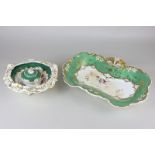 A Davenport porcelain scalloped dish in green, gilt and floral design, together with a similar