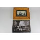 A painting on glass of the ship The Golden Hind at sea in burr walnut frame, together with a wall