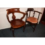 A mahogany captain's chair with vase shaped splat support, on turned legs and castors, together with