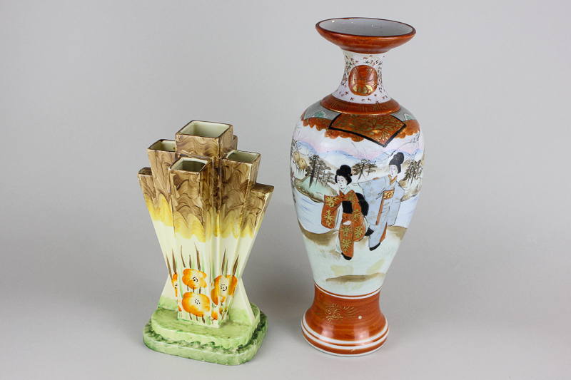 An Art Deco Myott Son & Co vase together with a Japanese baluster vase with rust and gilt
