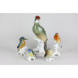 Five Karl Ens porcelain figures of birds including a large green woodpecker, a small kingfisher,