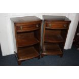 A pair of mahogany bedside cabinets with bow front drawer and shelves, on bracket feet, 42cm