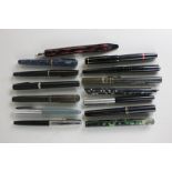 A collection of various fountain pens including Osmrod, Platignum, Burnham and Parker, some with