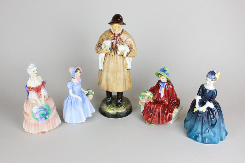 Five Royal Doulton porcelain figures including Lambing Time (HN1890), Veronica (HN1915), Wendy (