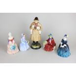 Five Royal Doulton porcelain figures including Lambing Time (HN1890), Veronica (HN1915), Wendy (