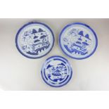 A pair of Chinese blue and white plates depicting a landscape, 29cm diameter, and another smaller