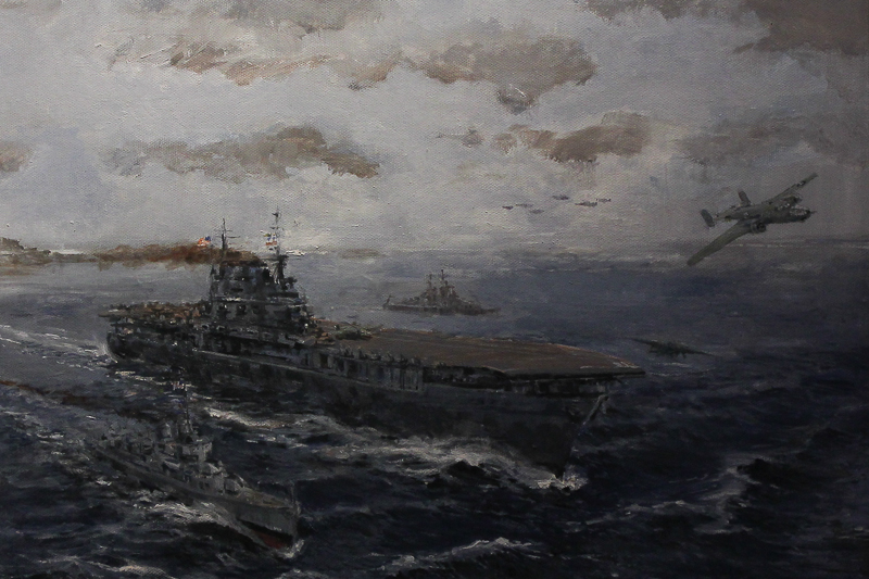 Neville Dutton (contemporary) USS Hornet, The Doolittle Raid, oil on canvas, 43cm by 29cm