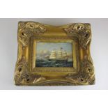 Chinese school, 19th century style nautical scene, oil on canvas, in ornate gilt frame, 16.5cm by