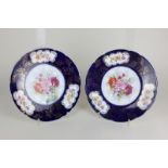 A pair of European porcelain cabinet plates, hand painted with flowers with blue and gilt surround