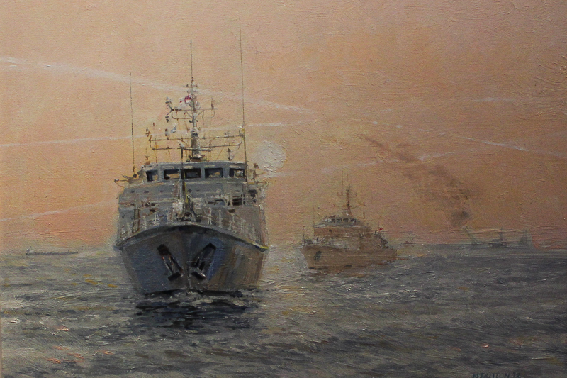 Neville Dutton (contemporary) Gulf Guardians, Sandown Class MCMVs in Persian Gulf, oil on canvas,