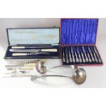 A silver plated cased dessert knife and fork set for six, a mother of pearl handled dessert set