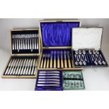 Five cased sets, to include twelve silver plate and mother of pearl dessert knives and forks, a