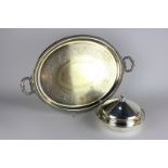 An Elkington silver plated oval tea tray with rope handles and gadroon border, together with a