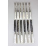 A set of six mother of pearl handled silver plated dessert knives and forks