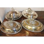 A pair of silver plated entree dishes, a larger entree dish marked Benetfink & Co, Cheapside, two