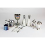 A silver plated pair of salt and pepper pots, two other pepper pots, a mustard, salt, three cruet