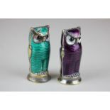 A pair of David Andersen silver and enamel owl peppers in purple and green, D A Norway, sterling