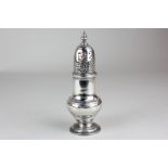 A George II silver spice caster, baluster shape with pierced lid and finial, maker Samuel Wood,