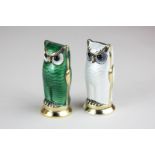 A pair of David Andersen silver and enamel owl peppers in green and white, D A Norway, sterling