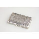 A French silver snuff box, rectangular shape with engraved lid of figures in a garden, marks to lid,