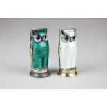 A pair of David Andersen silver and enamel owl peppers in green and white, D A Norway, sterling