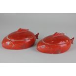 A pair of novelty red glazed porcelain pots and covers in the form of goldfish, 14cm, (NC)