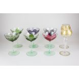 A set of six cameo glass style cocktail glasses with coloured flower design over clear glass,