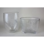 Two Orrefors Swedish clear glass vases, both with etched detail, one of a sailing ship at sea, the