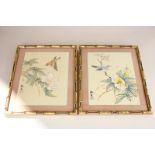 A pair of Chinese silk paintings of birds and flowers, signed and stamped with character marks, 19cm