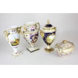 A Derby porcelain urn with floral and gilt decoration (a/f), a Coalport commemorative urn and