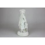 A bisque porcelain figure of a girl in Victorian dress with a seated dog, 30cm