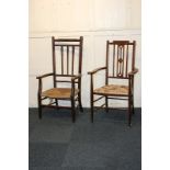 A rush seated armchair with slatted back, and another similar chair with upholstered seat, both on