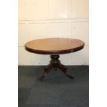 A Victorian mahogany circular tilt-top table on turned support with foliate carved outswept legs and