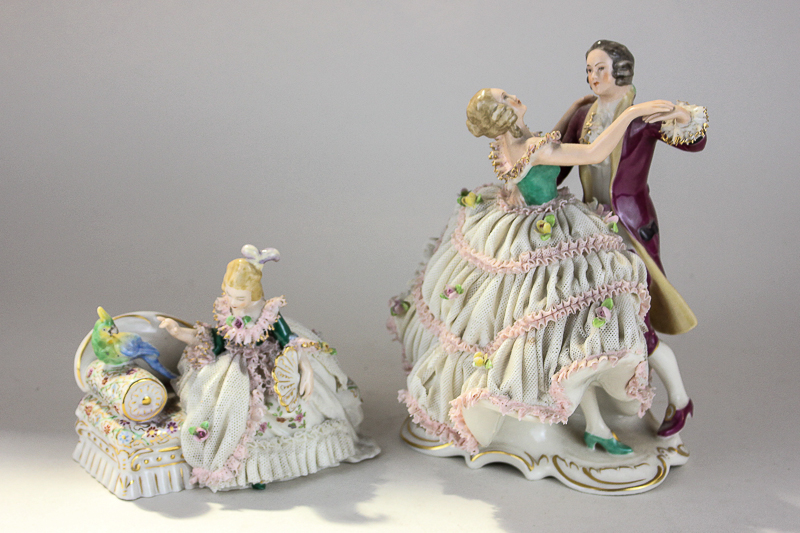 A Frankenthal porcelain figure group of a couple dancing, the lady in full lace dress, 19cm, and