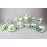 A Delphine china Art Deco tea set of teapot, sugar bowl, milk jug and two cups and saucers, a