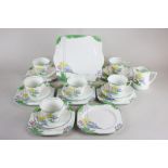 An Art Deco Heathcote best bone china tea set in the Lea pattern, comprising six teacups, saucers,