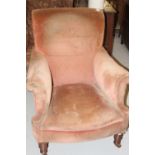 19th cent. Oak framed upholstered over stuffed armchair.