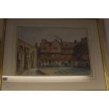 English School: 19th cent. watercolour of a Church and buildings, monogrammed TR 1884, framed and