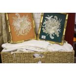 20th cent. Textiles: Handmade lace tea table cloths, napkin sets. Damask napkins, etc and framed