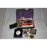 20th cent: Costume jewellery: Brooches, chains, pendants, etc contained in a lined box.