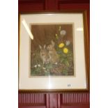 •Pam Mullings, watercolour "Study of Rabbits" signed lower right. Framed and glazed 11ins. x 13½ins.