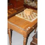 19th cent. Pine side table, 2 single drawers to front, on turned supports.