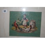 Tapestry: 19th cent. Woolwork picture of a young girl feeding chickens and one other feeding a