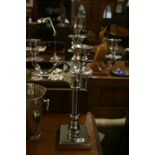 20th cent. Plated ware: Four branch and central candle holder candelabra - a pair. 22ins. high.