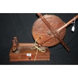 19th cent. Folk art: Lace making - treen bobbin winder with carved wheel & drawer.